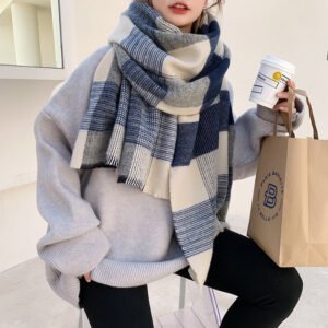 Women's White And Blue Plaid Scarf